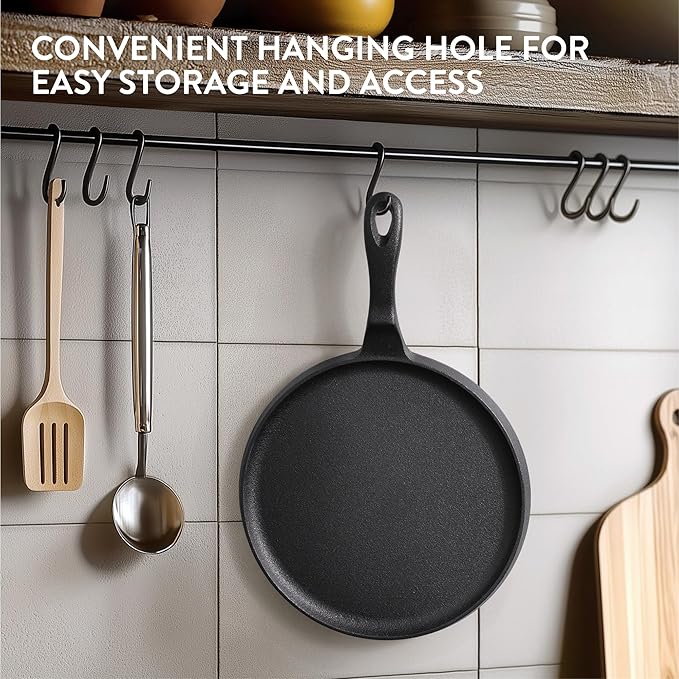 Navaris Cast Iron Griddle Pan - Durable Pancake Pan Also for Pizza, Tortilla, Dosa, Tawa, Roti, etc - Bakestone for Bread & Welsh Cakes - Suitable for Induction Hob, 10" (25.4 cm)