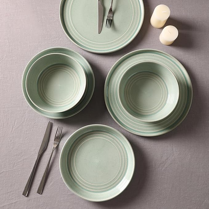 Stone Lain Claire 12-Piece Dinnerware Set Stoneware, Plates and Bowls Set, Dishwasher and Microwave Safe, Dish Set for 4, Green