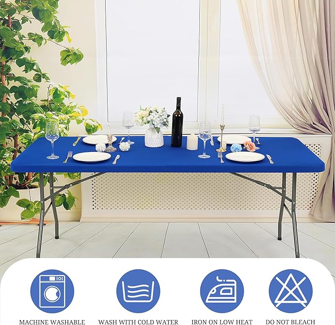 6 Pack Stretch Fabric Table Top Cap Cover, fits 8' Tables, Spandex Table Covers Washable Elastic Rectangle Tablecloth Protector for Indoor Outdoor Party Picnic Wedding, Royal Blue, 30" W x 96" L