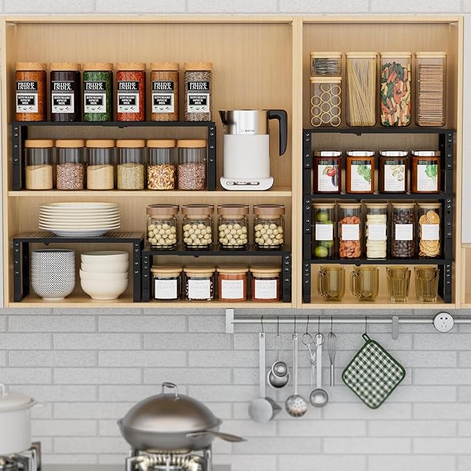 Expandable Spice Rack Kitchen Cabinet Shelf Organizer, Stackable Storage Shelves Racks, Adjustable Counter Shelving for Cabinets, Countertop, Cupboard,Pantry and More.(1Pack/Black/Medium)