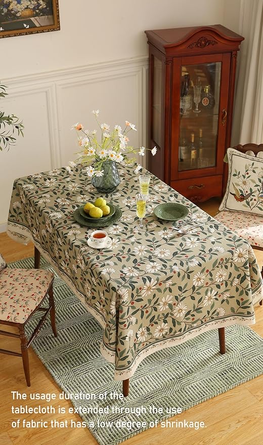 ISAENNE Designer Green Linen Extra Long Tablecloth Rectangle,Floral French Country Indoor Table Cloth,Stain Resistant Home Decor Tablecloths for Dining Kitchen Thanksgiving Party,67"*118"-Brune