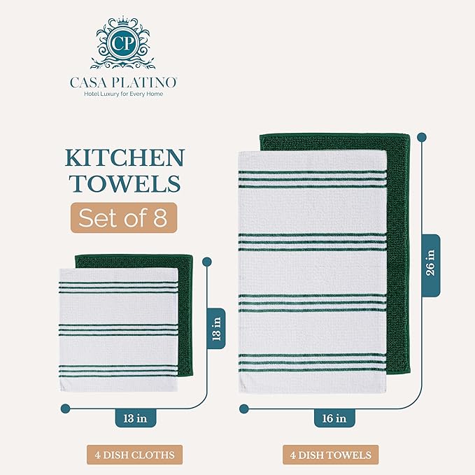 Casa Platino Kitchen Towel and Hand Towels for Kitchen – Cotton Dishcloths 8 Piece Set – Earthy Tones Meet Practical Design for Cooking, Drying, and Prep Flow – Olive