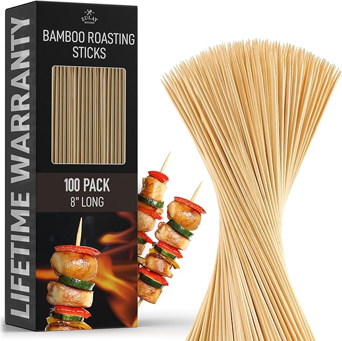 Zulay Kitchen Authentic Bamboo Skewers - 100, 8" Roasting Sticks - 5mm Heavy-Duty Bamboo Skewers - Thick Bbq Sticks - Ideal for Grilling & Camping