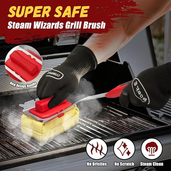 Grill Brush Bristle Free with 2 Cleaning Brush Heads, Cleaning with Steam Technology, Replaceable Brush Heads & Scraper Tool for Stainless-Steel Grates Grill Brush with Stainless Steel Spatula