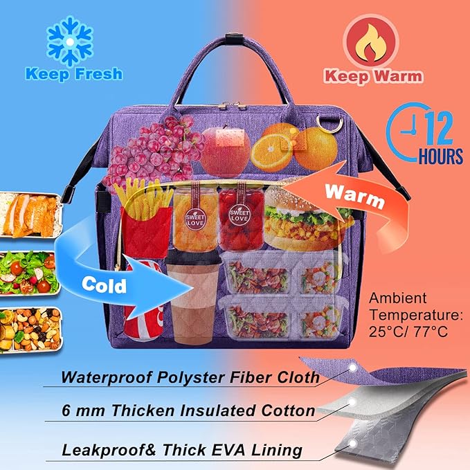 Weitars Lunch Bag for Women Cute Lunch Bag For Work,Insulated LunchBox Lunch Purse Leakproof Wide-Open Lonchera Lunchbag Lunch Tote With Pockets And Adjustable Strap For Office Picnic Beach