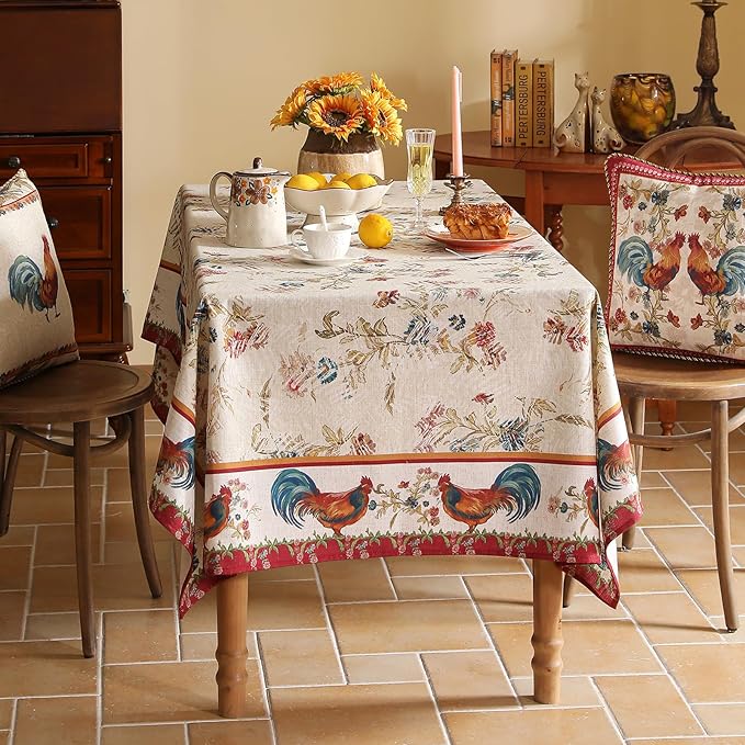 patdrea Designer Linen Red Long Rectangle Tablecloth,Vintage French Animals Pattern Tablecloths,Decoration Floral Table Cover for Kitchen Dining Christmas,Party,Thanksgiving,63"x94"-Townlife E