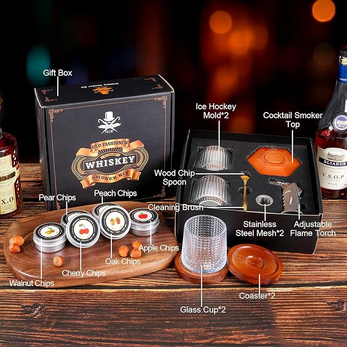 Whiskey Smoker Kit with Torch - 6 Flavors Wood Chips, 2 Rotatable Whiskey Glasses, 2 Ice Ball Molds - Cocktail Smoker Infuser Kit, Old Fashioned Smoker Kit, Birthday Gifts for Men, Dad(NO Butane)