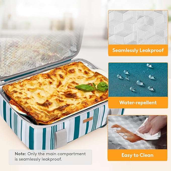LUNCIA Insulated Casserole Carrier for Hot or Cold Food, Lasagna Lugger Tote for Potluck Parties/Picnic/Cookouts, Fits 9"x13" Baking Dish, Green