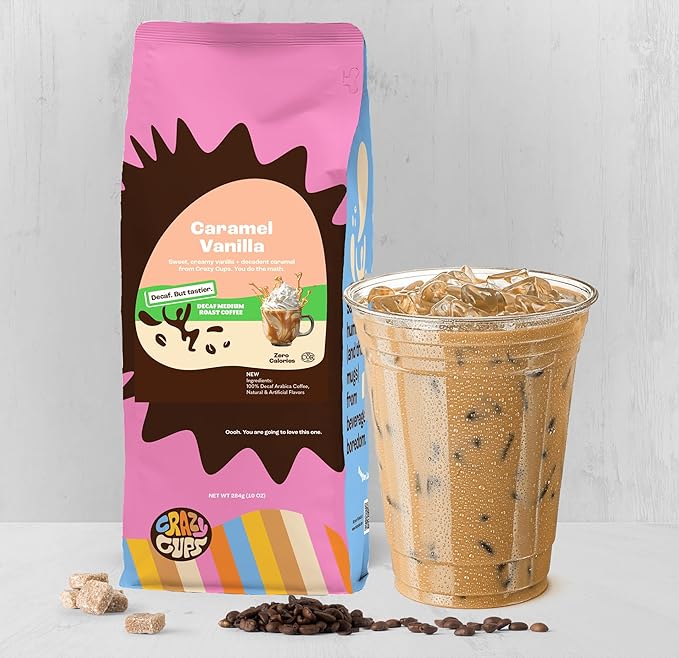 Crazy Cups Decaf Flavored Ground Coffee Variety Pack, Includes Cinnamon French Toast, Caramel Vanilla and Pumpkin Spice, in 10 oz Bags, For Brewing Flavored Hot or Iced Decaf Coffee, Variety 3 Pack