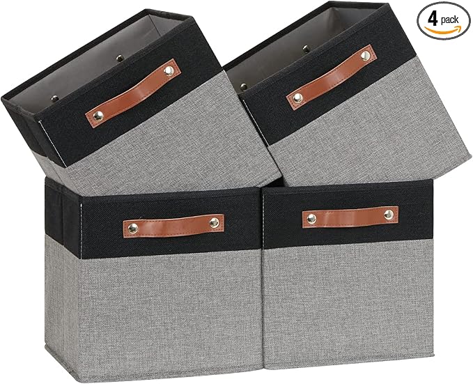 Temary 11 x 11 Cube Storage Bins Fabric Storage Cubes for Shelf, Closet, 4 Pack Cube Basket for Clothes, Storage Cube Bins with Leather Handles(Black&Grey)