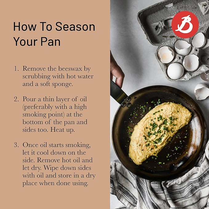 De Buyer MINERAL B Carbon Steel Omelette Pan - 9.5” Diameter, 7.7” Cooking Surface - PFAS, PFOA & PFOS Free - Made in France
