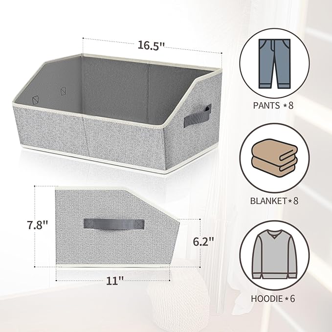 Trapezoid Closet Shelf Organizer - Large Baskets for Organizing, Storage Baskets for Shelves, Cubbies Storage Bins for Clothes, Books, Blankets, 4 Pack, Light Gray