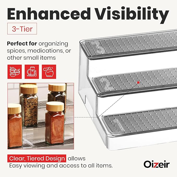 Expandable Spice Organizer Rack - 3-Tier - Clear Adjustable Tiered Shelf Spices Organization for Kitchen Cabinet and Pantry Storage