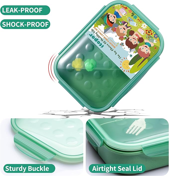 Wheat Straw Adult Lunch Box, Leakproof Bento Box for Kids, BPA-Free Microwave Safe Lunch Containers with 3 Compartments (Green, 5.5 cup)
