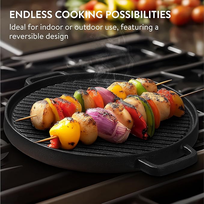 Navaris Double Sided Cast Iron Griddle Plate - BBQ Griddle Plate - Steak Pan or Pancake Griddle Pans - BBQ Hot Plate for BBQ Pan - Induction Griddle or Hot Plate for Gas Hob