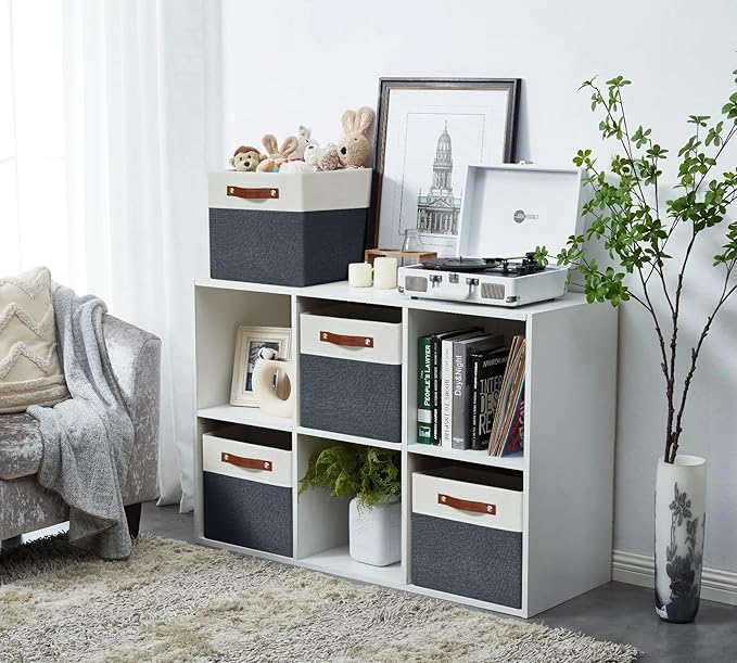 DECOMOMO Fabric Cube Storage Bins - Storage Baskets for Shelves, Cube Storage Organizer for Kallax and Cubbies (Slate Grey & White, 11 inch Cube) - 4 Pack