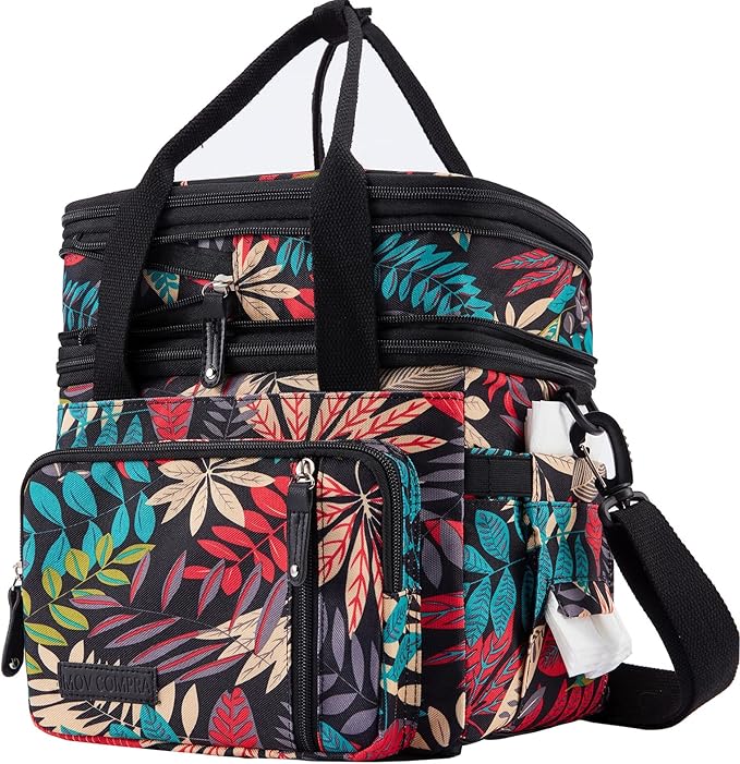 MOV COMPRA Leaf Printed Leakproof Expandable Large Double Deck Lunch Box Cooler Bag for Women Men, Beach Cooler Bag with Removable Shoulder Strap
