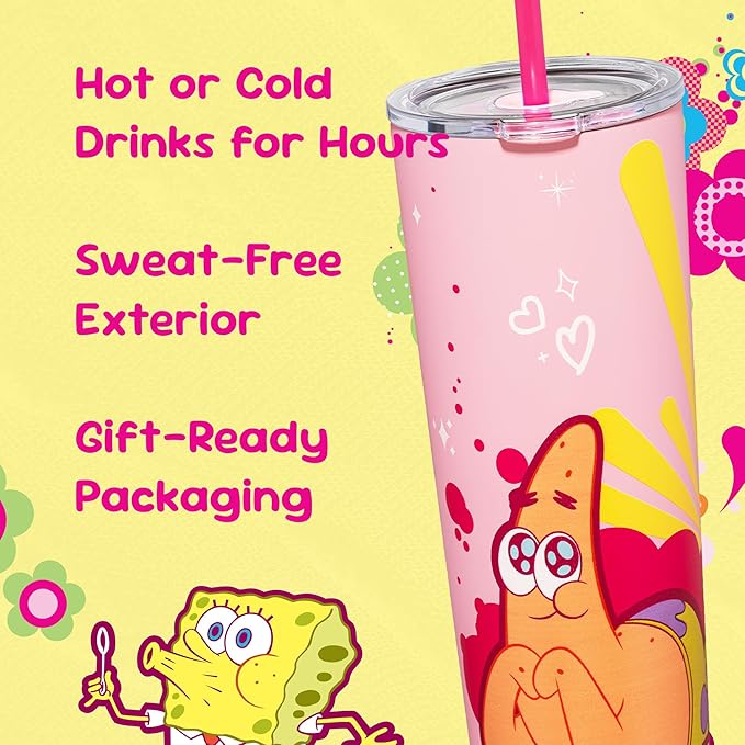 Dragon Glassware x SpongeBob SquarePants 24 oz Vacuum Insulated Tumbler with Lid and Straw - Tumbler Cup with 2 Straws - Stainless Steel Tumbler with Straw for Water, Iced Tea - SpongeBob - Pink
