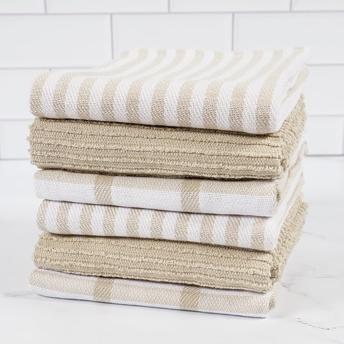 KAF Home Premium Kitchen Towels (18" x 28"), Large 100% Cotton, Flat & Terry Absorbent Dish Towel Set (Beige, 18 x 28-6 Pack)