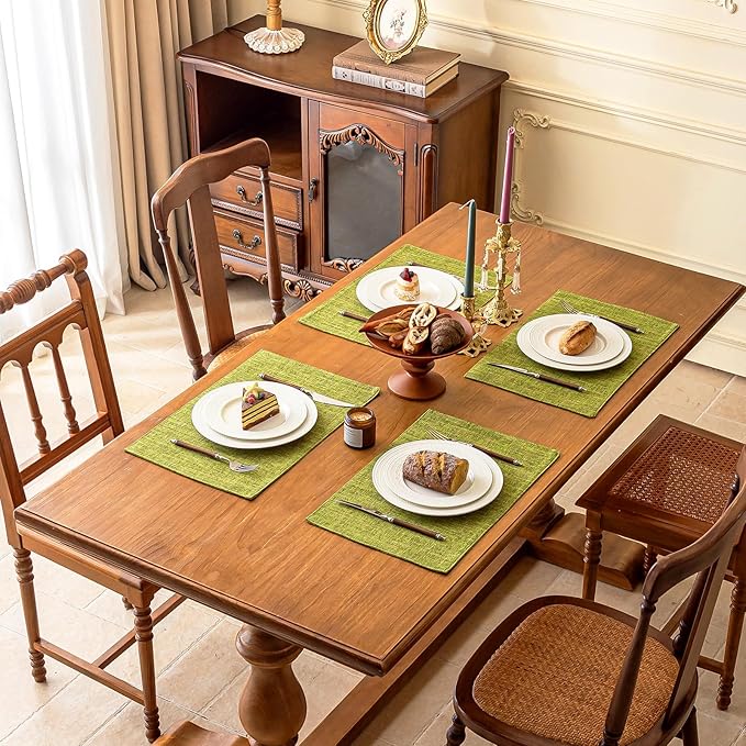 KXN Placemats Set of 4, Dual-Layer Thickened Faux Linen Table Mats, Heat Resistant & Wrinkle-Free, Machine Washable Cloth Place Mats for Kitchen Dining Indoor Outdoor (Green)