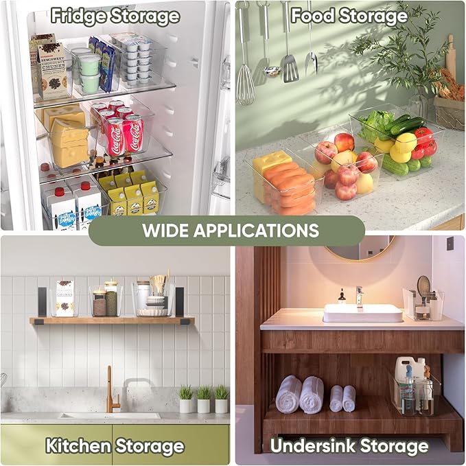 BALEINE Clear Plastic Storage Bins, Pantry Organization, BPA Free Stackable Refrigerator Organizers and Storage with Handles for Kitchen Fridge Cabinet Bathroom (6PK, 13x7.4x6.2)