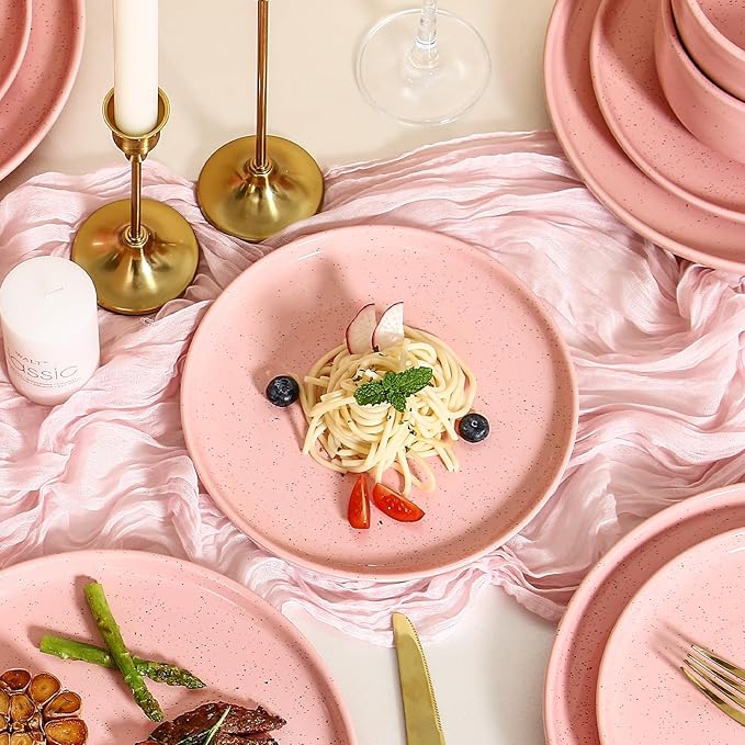 GZG Ceramic Dinner Salad Plates Set of 4, 8 Inch Speckled Dinnerware Dessert Plates with Clay-Tone Base, Microwave Oven Dishwasher Safe