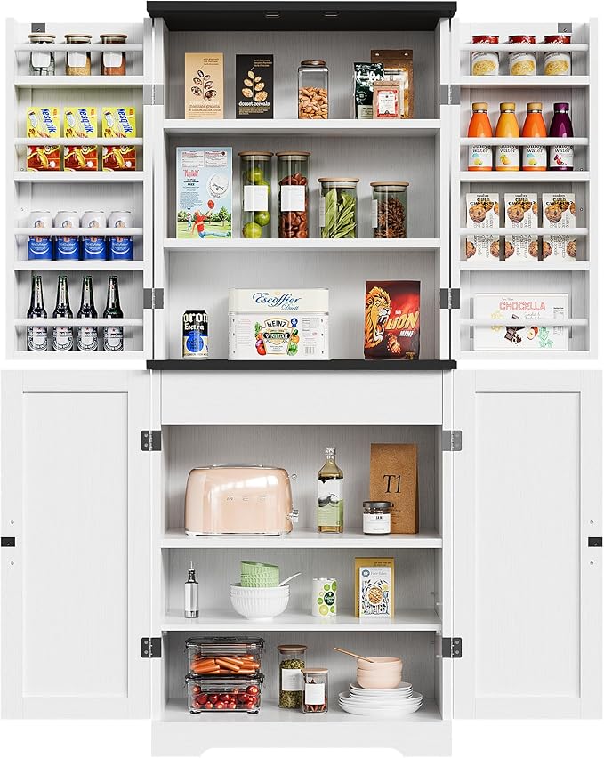 Vongrasig Kitchen Pantry Storage Cabinet with Barn Doors, Drawer and Adjustable Shelves, 6-Tier Tall Rustic Wood Cupboard Locker for Kitchen, Dining Room, Living Room, Bathroom, (White)