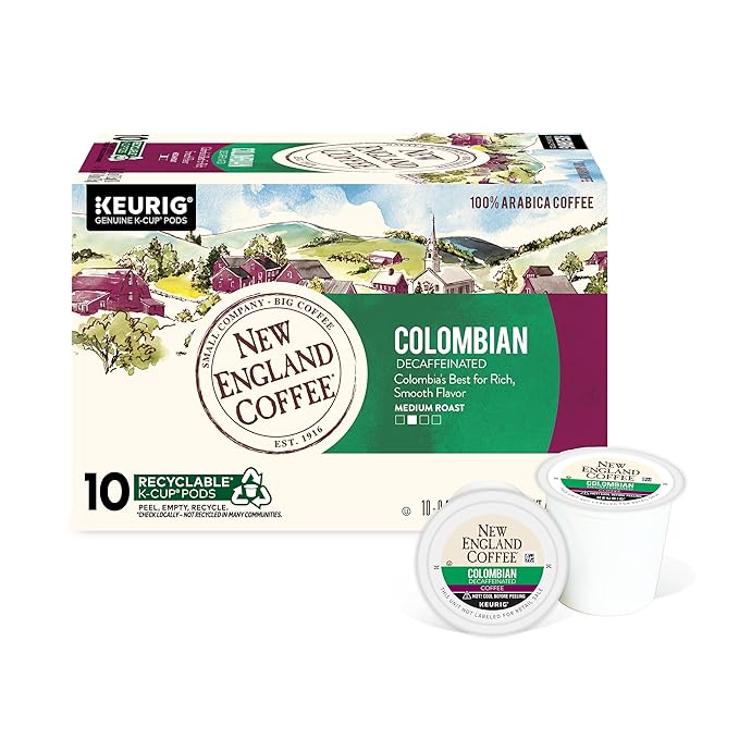 New England Coffee Colombian Decaffeinated Medium Roast Single Serve Pods, 10ct Box (Pack of 1)