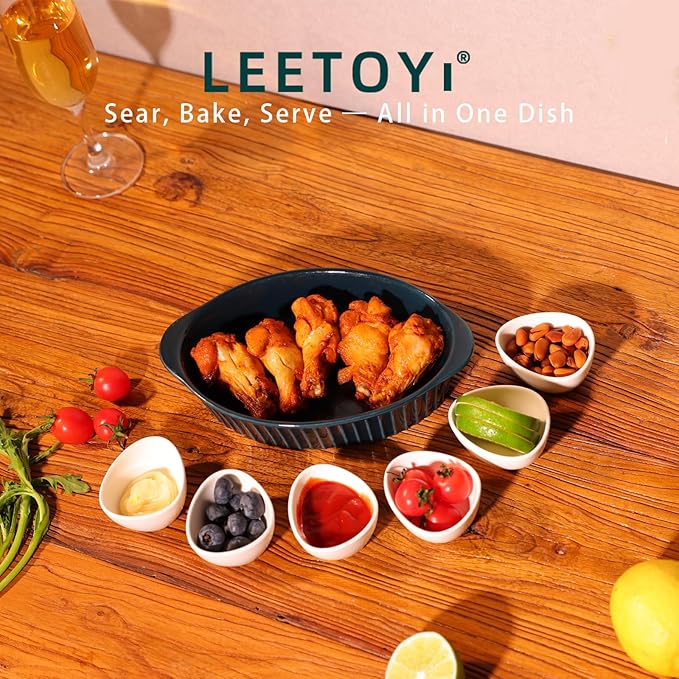 LEETOYI Porcelain Small Oval Au Gratin Pans, Baking Dish Set for 1 or 2 person servings, Bakeware with Double Handle for Kitchen and Home, Set of 2 (Navy)