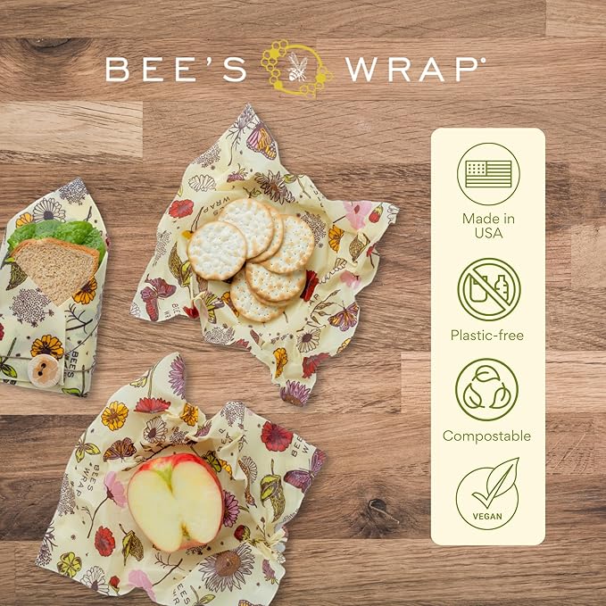Bee's Wrap Vegan Beeswax Wraps for Food - Meadow Magic Medium 3 Pack Made in USA Reusable & Organic Food Wraps, Sandwich Wrap & Bowl Covers - Eco-Friendly Alternative to Aluminum Foil & Plastic Wrap