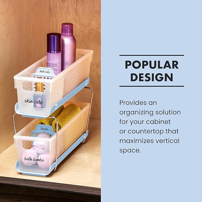 madesmart 2-Tier Plastic Mini Multipurpose Organizer with Divided Slide-Out Storage Bins, Compact Under Sink and Cabinet Organizer Rack, Frost
