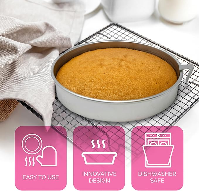 Aunt Shannon's Kitchen 8 Inch Round Cake Pans, 3 Pack, Silver Cake Pan with a Built-in Swivel Blade, Easy Release Cake Pans Set for Baking, Baking Pans Set for 3-Layer Cake, Dishwasher Safe