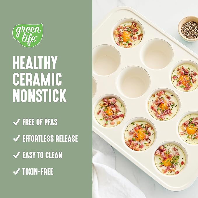 GreenLife 12-Cup Muffin Pan, PFAS-Free Healthy Nonstick Baking Tray, 11.4" x 1.9" x 15.9", Durable Ceramic Bakeware, Cupcakes, Egg Bites, Tarts, Brownies, Sage