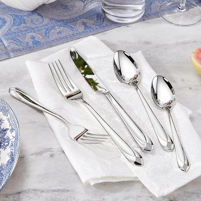 KEAWELL Premium Astra 4-Piece 9 inch Spoon Set – Mirror-Finished 18/10 Stainless Steel with Diamond-Faceted Handles Dishwasher Safe for Modern Dining (4, Serving Spoons and Slotted Spoons)