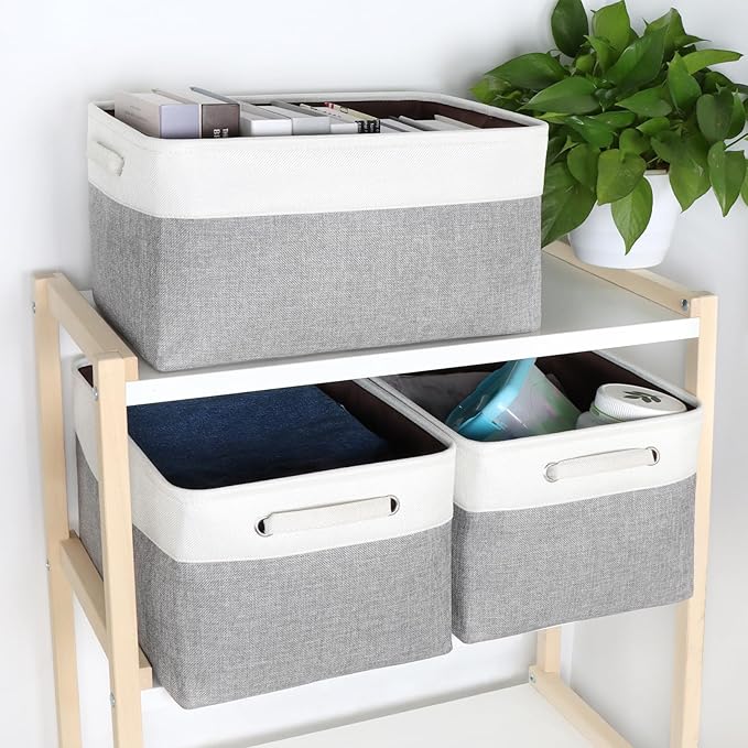 Kntiwiwo Foldable Storage Bin Collapsible Fabric Storage Basket Cube with Durable Handles Closet Organizer Bins for Organizing Shelves Drawers, Set of 3, 17" x 11.8" x 9.8", Grey