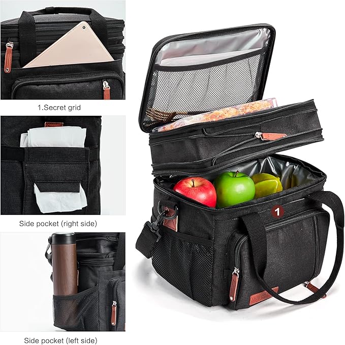 MOV COMPRA Lunch Bags for Men Women, Black Adult Lunch Box for Work, Expandable Leakproof Double Deck Lunch Box Cooler Tote Bag with Removable Shoulder Strap（Black）