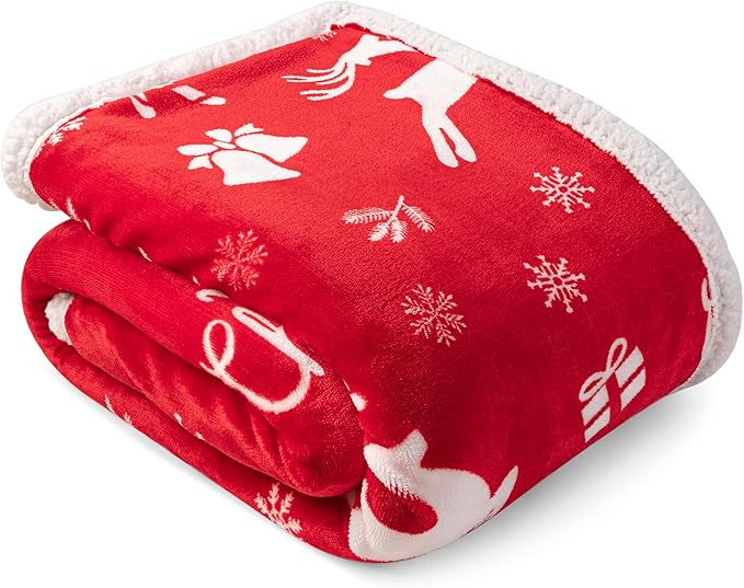 PAVILIA Premium Christmas Sherpa Throw Blanket | Christmas Decoration Gift, Fleece, Plush, Warm, Cozy Reversible Microfiber Holiday Blanket | Red Reindeer - 60x80 Twin