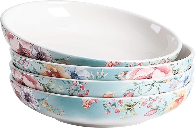 Bico Margret's Garden Pasta Bowls, 35oz Salad Bowl Set of 4, Large Ceramic Serving Dinner Bowls for Soup and Cereal, Microwave and Dishwasher Safe, Gift for Housewarming and Thanksgiving