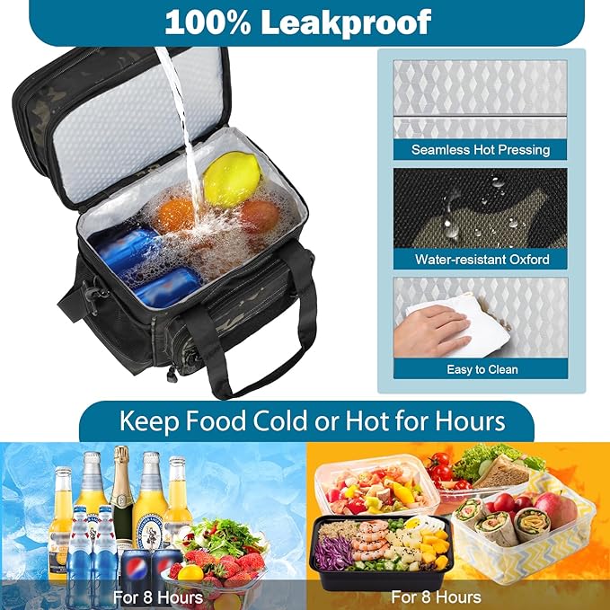 Double Deck Insulated Lunch Box, Expandable Large Lunch Bag Leakproof Cooler Bag Lunch Pail for Men Women Adults Work Shifts Travel Daytrip,16L,Black-Camo