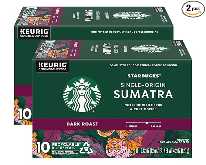 Starbucks Coffee Company Starbucks Single-Origin Coffee K-Cup Pods, Sumatra, Dark Roast Ground Coffee K-Cups for Keurig Brewing System, 100percent Arabica Coffee, 10 CT K-Cups/Box (Pack of 2 Boxes)