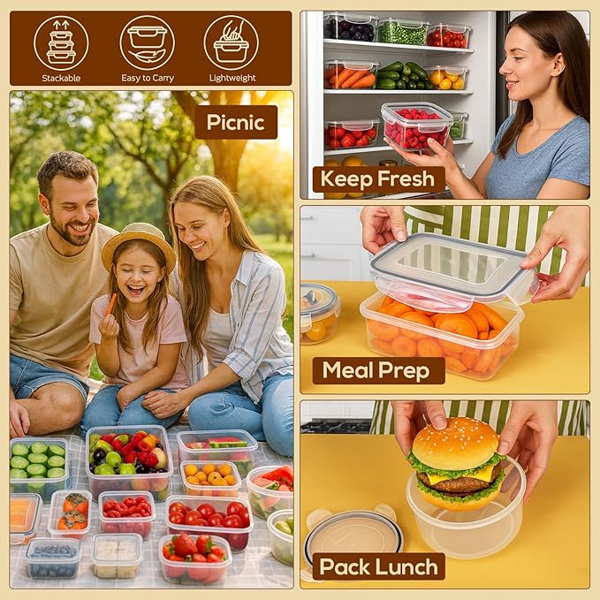 50 PCS Thicker Food Storage Containers with Lids, Clear Stackable Airtight Leakproof Reusable Plastic Meal Prep Container Set for Kitchen Storage/Lunch, Fridge/Microwave Safe with Labels&Pen