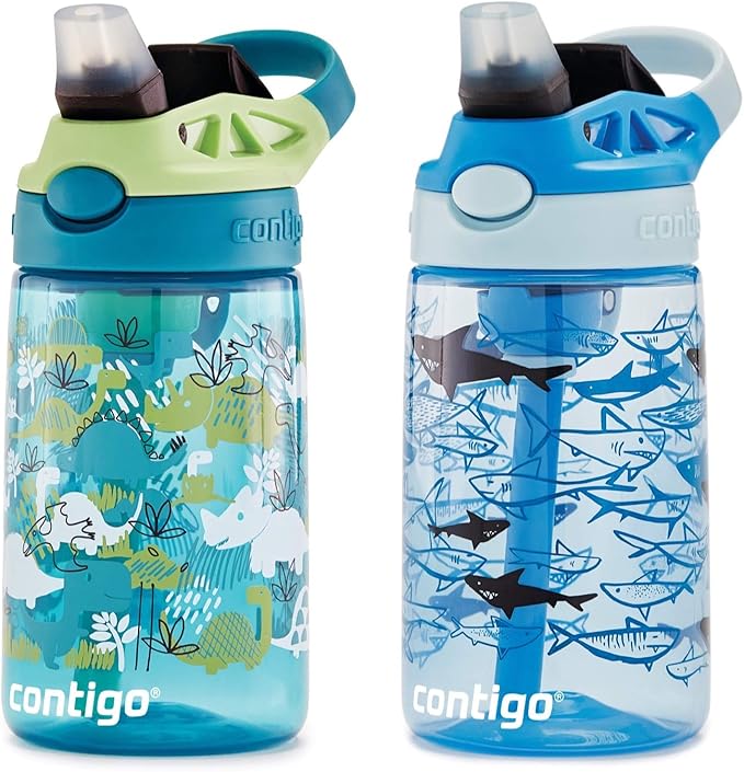 Contigo Aubrey Kids Water Bottle, 2-Pack, 14oz, Dinos & Sharks, Spill-Proof Lid, Dishwasher Safe, Blue & Green