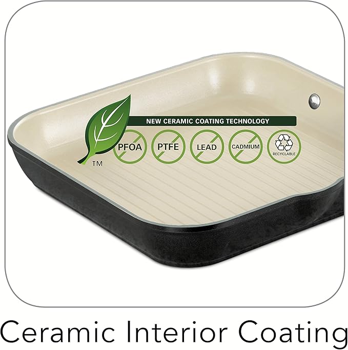 Tramontina Ceramica Deluxe 11-Inch Square Grill Pan, Ceramic Non Stick, Oven-Safe, Metallic Black
