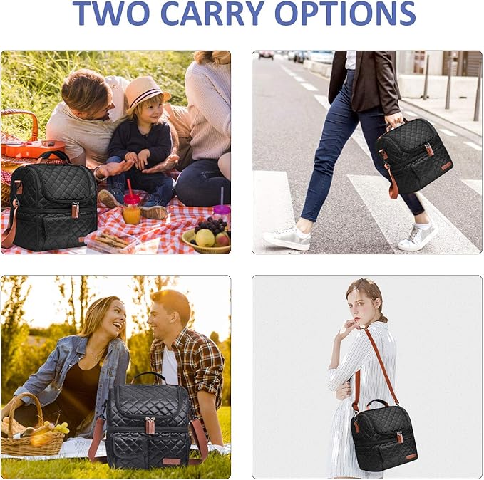 LOKASS Lunch Box for Women-Double Deck Insulated Adults Lunch Bag with Removable Shoulder Strap- Cute Wide Open Lunch Tote for Work/Office/Picnic/Beach/Travel (Square)