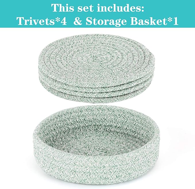 Trivets for Hot Dishes, Pots and Pans, Hot Pads with Storage Basket, Pot Holders for Kitchen, Heat Resistant Mat Protect Counter Home Essentials, Farmhouse Decor (Green 4 PCS)