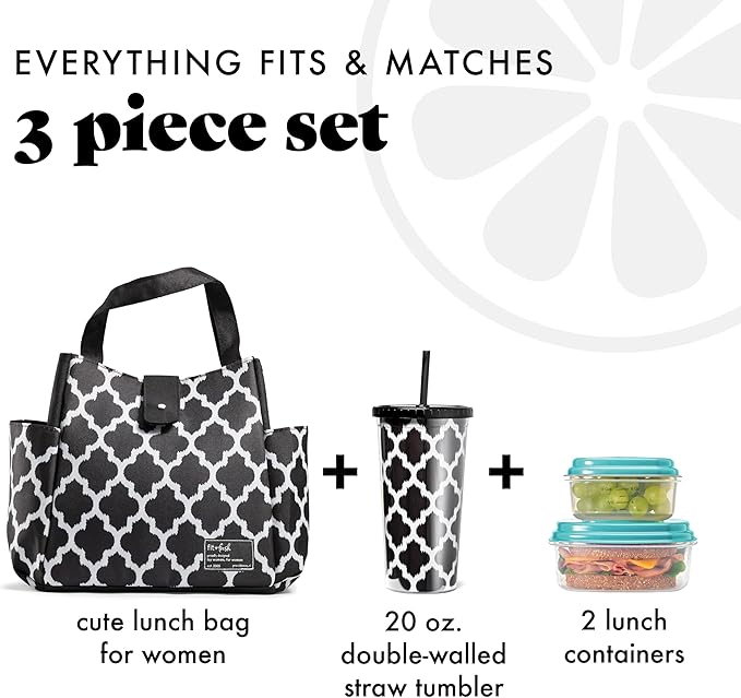 Fit & Fresh Lunch Bag For Women, Insulated Womens Lunch Bag For Work, Leakproof & Stain-Resistant Large Lunch Box For Women With Containers and Matching Tumbler, Snap Closure Westport Bag Black/White