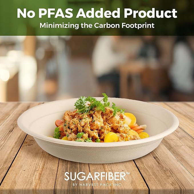 [500 COUNT]Sugarfiber by Harvest Pack PFAS FREE 24oz Round Soup Paper Bowls - Compostable Heavy-Duty Eco-Friendly Disposable Bagasse Bowl sugarcane made plant fibers for Meal Prep