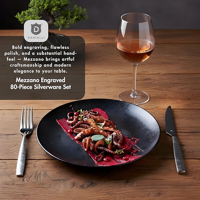 Engraved Silverware Set for 16 | 18/10 Stainless Steel Flatware with Mirror Finish and Engraved Handles | Heavy-Duty, Dishwasher Safe, Built to Last (80-Piece, Mezzano Engraved)