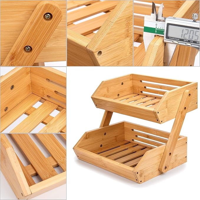 2 Tier Fruit Basket For Kitchen- Bamboo Fruit and Vegetable Storage Bowl Stand For Kitchen Countertop, , Produce Basket Fruit Holder for Potato, Onion, Bread, Snack Storage