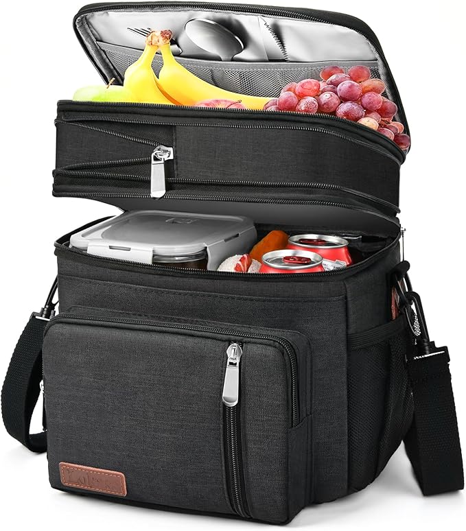 LOKASS Lunch Box for Women-Double Deck Insulated Adults Lunch Bag with Removable Shoulder Strap- Cute Wide Open Lunch Tote for Work/Office/Picnic/Beach/Travel (Black)